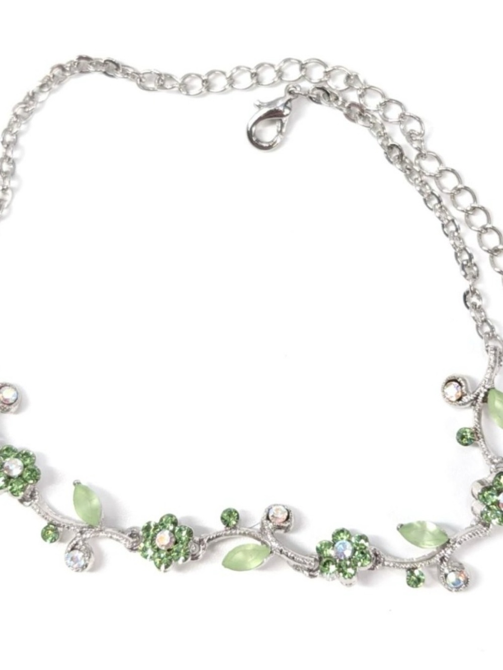 Silver Floral Green Crystal Necklace - Women Jewelry